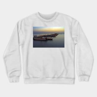 A Row of Colourful Boats Moored at the Jetty at Dusk Crewneck Sweatshirt